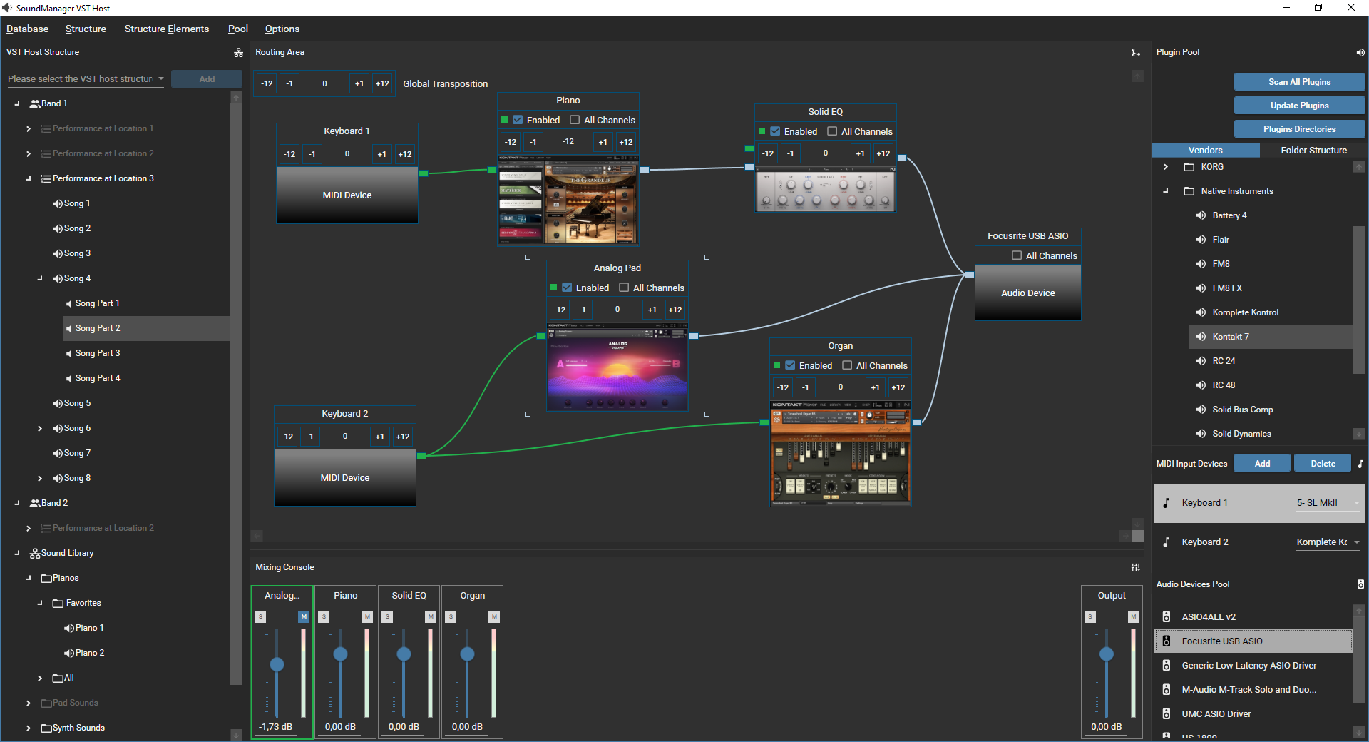 Gesamte Applikation Signalfluss für VST-Plugins, ASIO Treiber und MIDI Controller