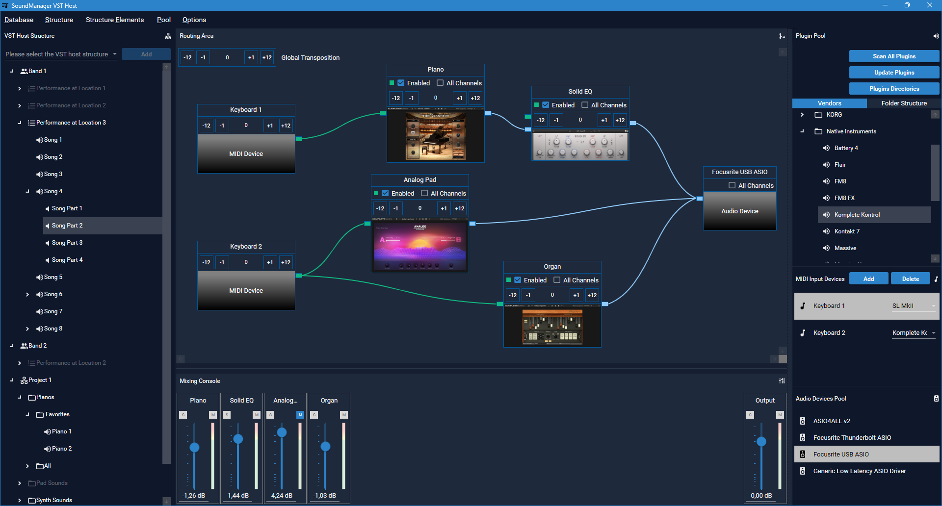 VST Host für Keyboarder – SoundManager Benutzeroberfläche mit Setliste, Routing und Mixing Console